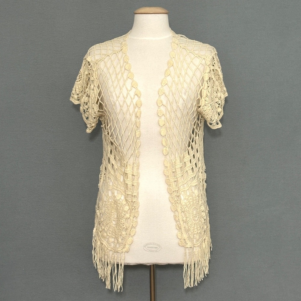 Boho Festival Womens Top L Ivory Crochet Open Fringed Beachy Western Hippie